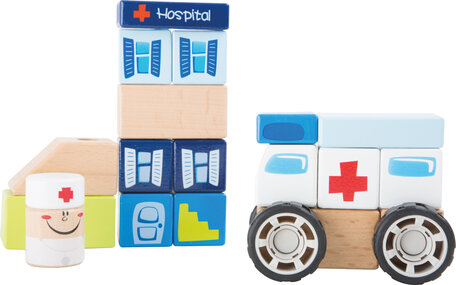 Houten bouwset - Ambulance, broeder + ziekenhuis