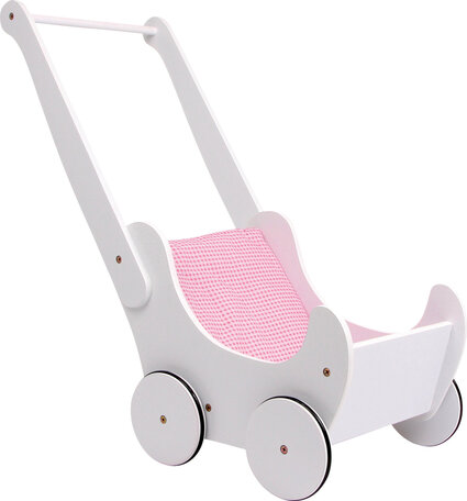 Houten poppenwagen met matras - wit/roze - Rubberen wielen