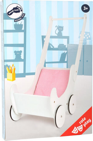Houten poppenwagen met matras - wit/roze - Rubberen wielen
