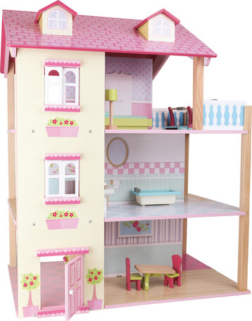 Poppenhuis met roze dak en 3 verdiepingen + 21 meubels