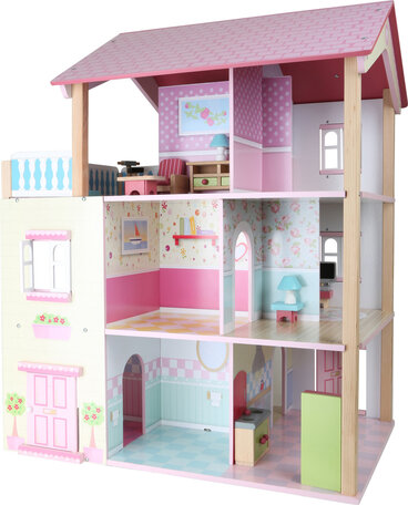 Poppenhuis met roze dak en 3 verdiepingen + 21 meubels