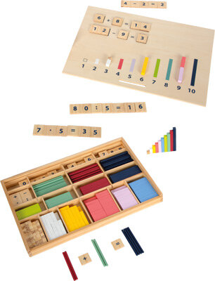 Houten leerbox met rekenstaven en rekenblokjes - Montessori leermateriaal